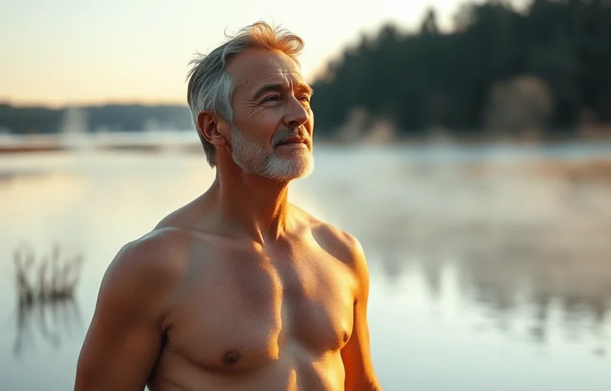Man standing calmly by a lake at sunrise, symbolizing the mental clarity and renewal that comes from autophagy fasting
